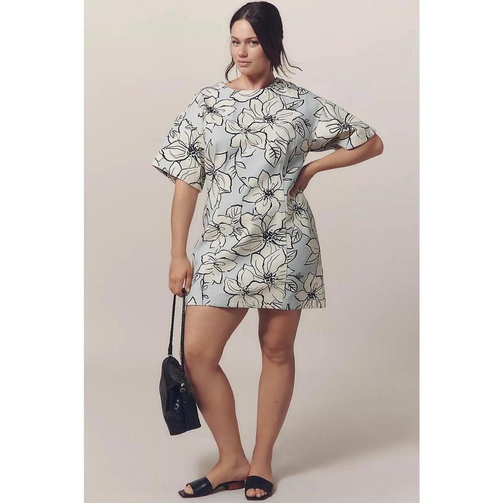 Dhruv Kapoor Short-Sleeve Denim‎ Mini Dress 1X Shift Floral Coquette Mod Wedding